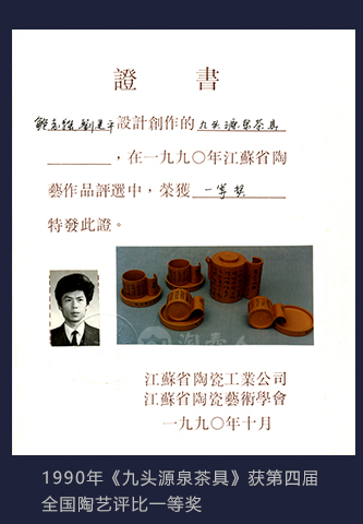 1990年刘建平大师作品《九头源泉茶具》获第四届全国陶艺评比一等奖