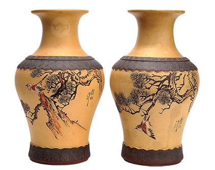 谭泉海陶刻紫砂云肩如意对瓶