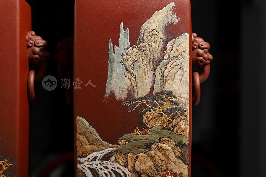 陈志云全手工制《四方狮耳尊对瓶(李丹阳泥绘)》