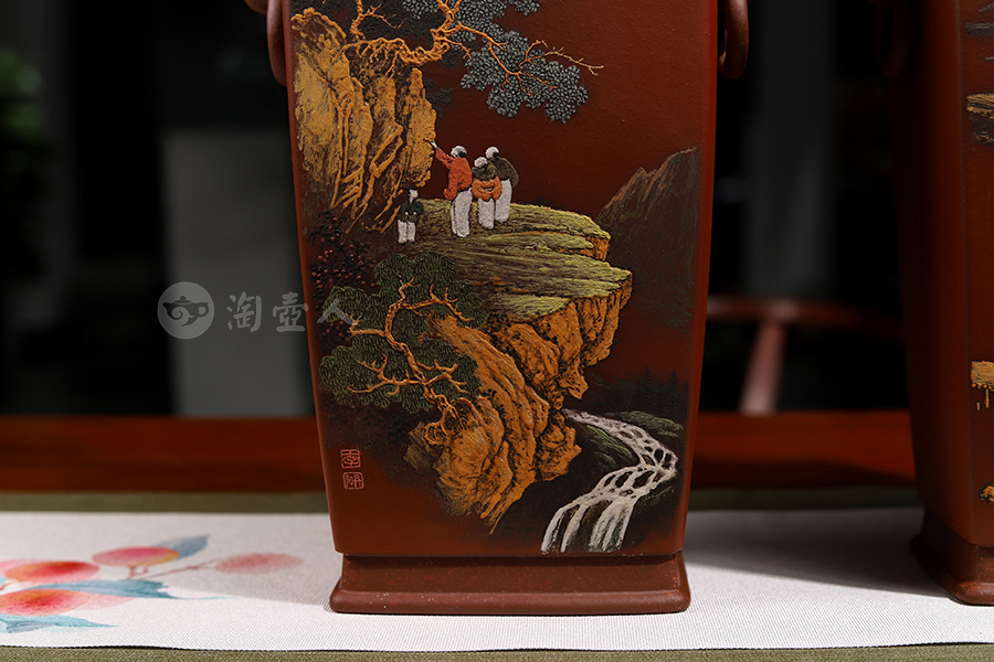 陈志云全手制四方博古对瓶(李丹阳泥绘)