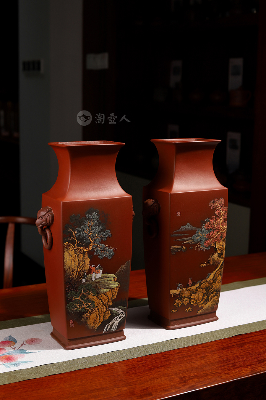 陈志云全手制四方博古对瓶(李丹阳泥绘)