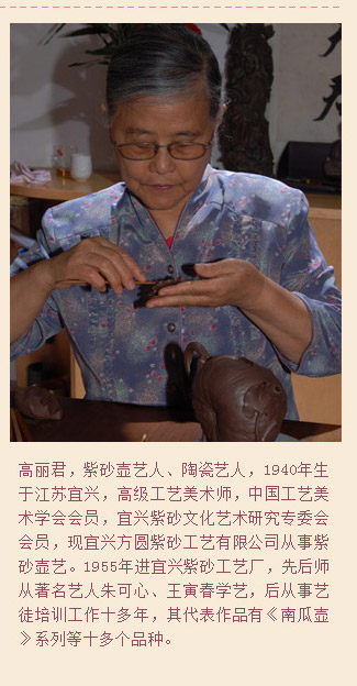 高丽君，紫砂壶艺人、陶瓷艺人，1940年生于江苏宜兴，高级工艺美术师，中国工艺美术学会会员，宜兴紫砂文化艺术研究专委会会员，现宜兴方圆紫砂工艺有限公司从事紫砂壶艺。